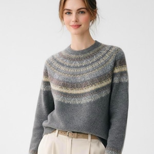 Cashmere-Wool Blend Fair Isle Sweater, Soft Knit Pullover, Classic Nordic Pattern Winter Jumper Gray