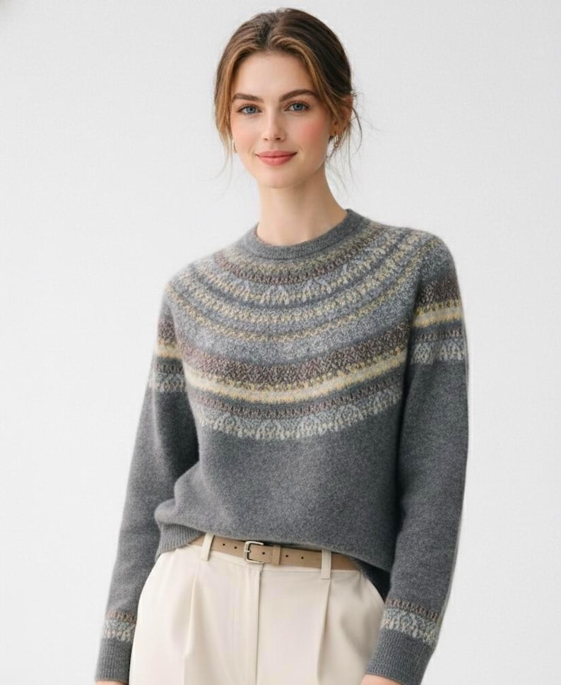 Cashmere-Wool Blend Fair Isle Sweater, Soft Knit Pullover, Classic Nordic Pattern Winter Jumper Gray