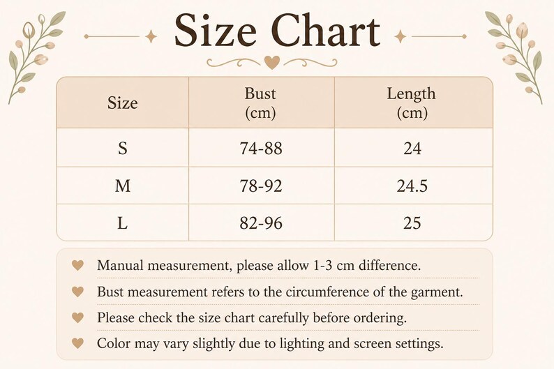 Puede incluir: Una tabla de tallas con el t&iacute;tulo "Size Chart". La tabla muestra las tallas S, M y L, con medidas de busto en cm y longitudes en cm. Se incluyen notas adicionales debajo de la tabla.