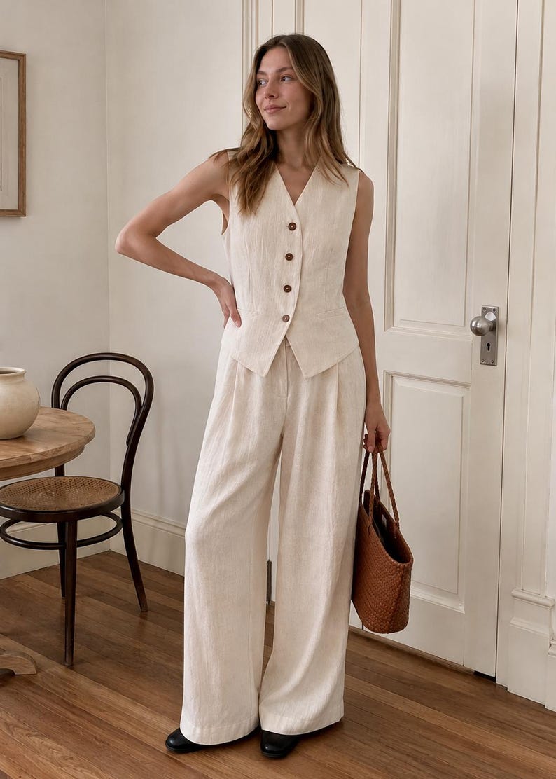 Tencel Linen Vest & Wide Leg Pants Set for Women, Minimalist Casual Chic Co-Ord Clothing image 3