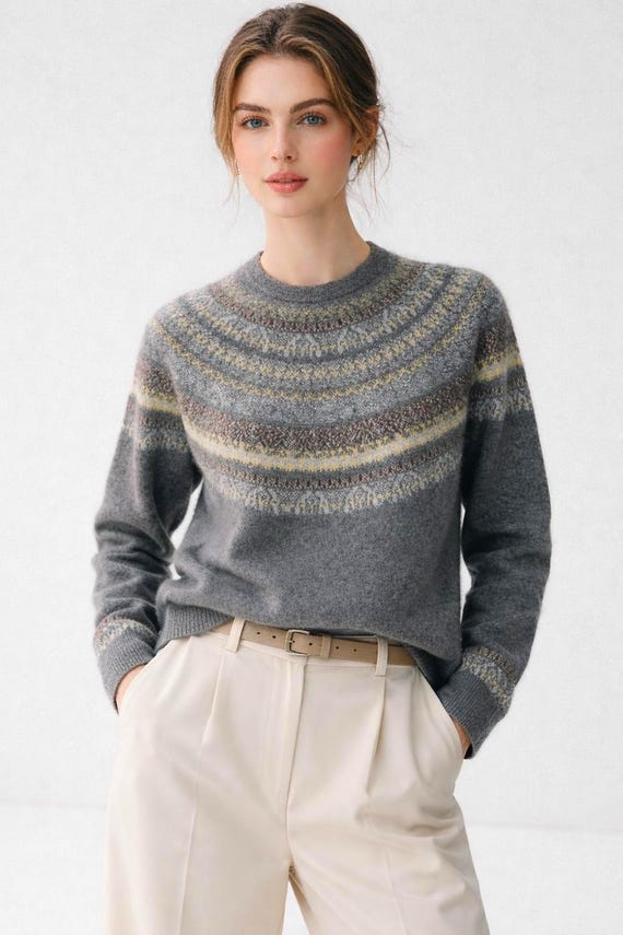 Cashmere-Wool Blend Fair Isle Sweater, Soft Knit Pullover, Classic Nordic Pattern Winter Jumper