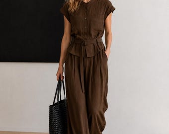 Conjunto de dos piezas de algodón Tencel, top con botones delanteros y pantalón de pierna ancha, conjunto a juego con cinturón.