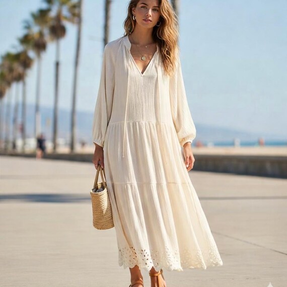 midi white boho dress Retro Lace Sleeveless Dress, White / 2XL neck with adjustable bust ties for a flattering Boho Tie Neck Ruffle Midi