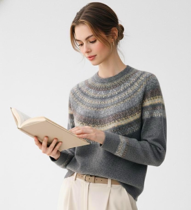 Cashmere-Wool Blend Fair Isle Sweater, Soft Knit Pullover, Classic Nordic Pattern Winter Jumper image 3