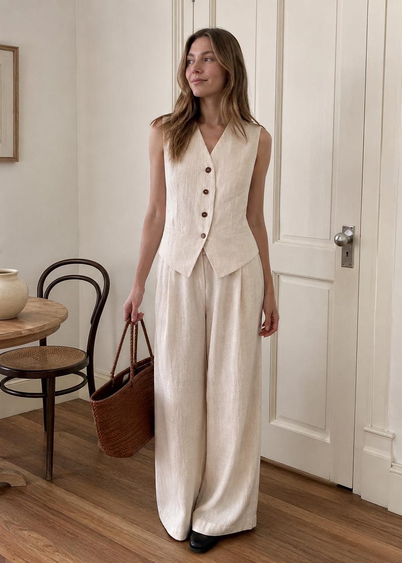 Tencel Linen Vest & Wide Leg Pants Set for Women, Minimalist Casual Chic Co-Ord Clothing Beige (vest+pants)
