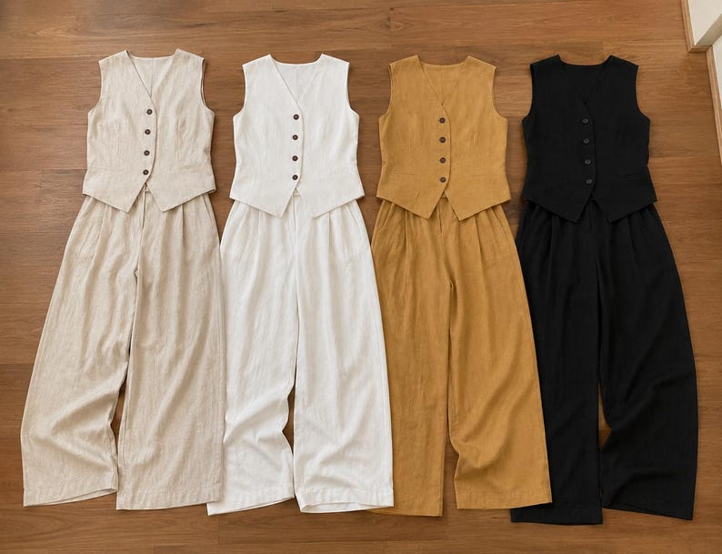 Tencel Linen Vest & Wide Leg Pants Set for Women, Minimalist Casual Chic Co-Ord Clothing image 5