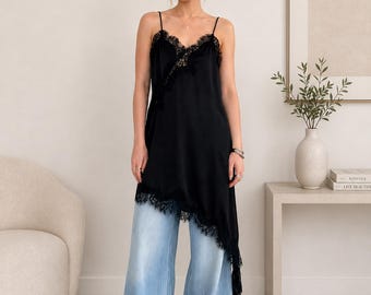 Y2K Lace Satin Cami Dress for Women, Asymmetrical Coquette Slip Dress