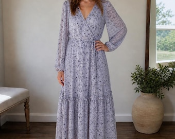 Floral Wrap Midi Dress – Long Sleeve Boho Spring Summer Cottagecore Style