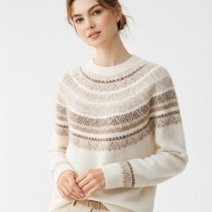 Cashmere-Wool Blend Fair Isle Sweater, Soft Knit Pullover, Classic Nordic Pattern Winter Jumper Cream White