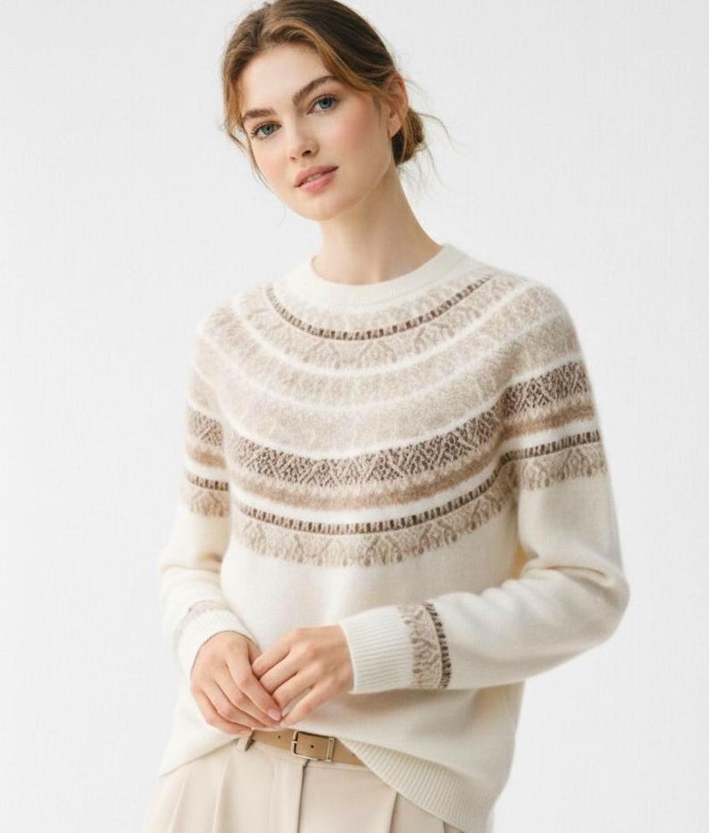 Cashmere-Wool Blend Fair Isle Sweater, Soft Knit Pullover, Classic Nordic Pattern Winter Jumper Cream White