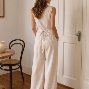 Tencel Linen Vest & Wide Leg Pants Set for Women, Minimalist Casual Chic Co-Ord Clothing image 4