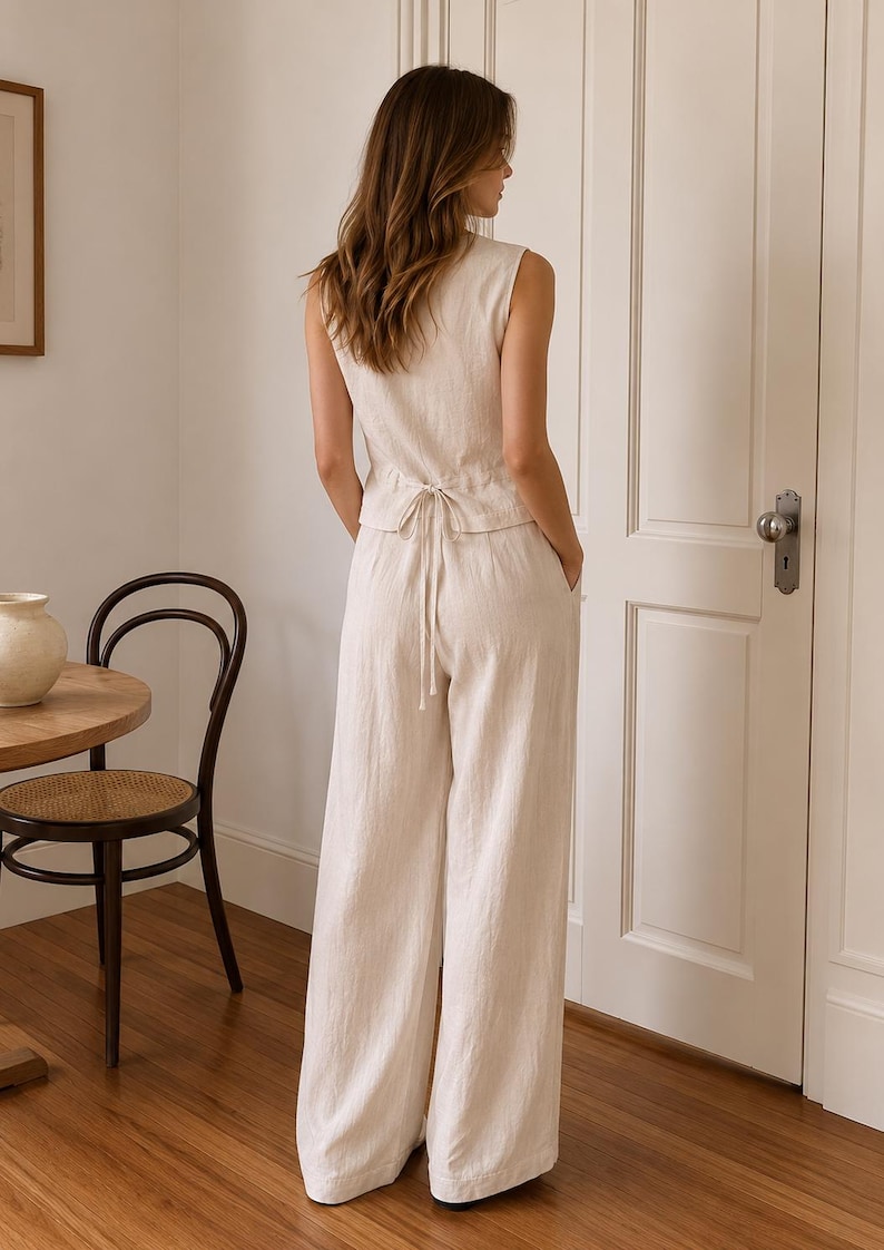 Tencel Linen Vest & Wide Leg Pants Set for Women, Minimalist Casual Chic Co-Ord Clothing image 4