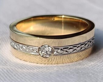 Zweifarbiger keltischer Knoten Ehering für Männer, 14K Gold Diamant Irish Love Knot Ring, Mixed Metal Jubiläum Band, Einzigartiger Herren Ehering