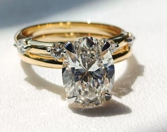 Oval Verlobungsring Set, 14k Gold Oval Diamant Ring, Minimalistische Hochzeit Band Set, Crushed Ice Oval Ring, Floating Solitaire Braut Set