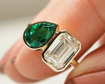 Toi et Moi Ring | Versprechen Ring | Verlobungsring 14k Gelbgold Ring | Han dement Schmuck| Zwei-Stein-Ring | Ehering | Jahrestag Ring