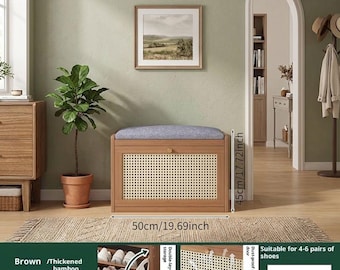 Space-Saving Shoe Bench with Cushion – Natural Wood Entryway Cabinet Storage