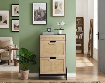 2-Tier Wooden Shoe Storage Cabinet – Rattan Inlay Organizer, Hallway Furniture