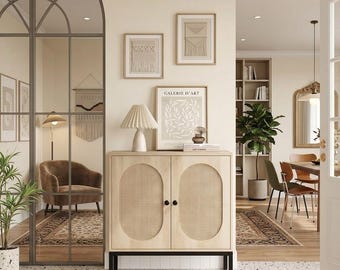 Rattan Sideboard Cabinet – Woven Doors, Metal Legs, Bohemian Storage Organizer