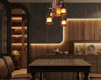 Industrial-Style Wooden Pendant Light with Retro Chandelier Design