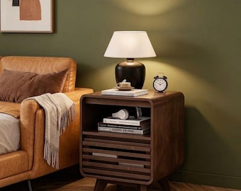 Modern Grille Nightstand with Drawer – Rounded Corner Bedside Table, Wood Legs