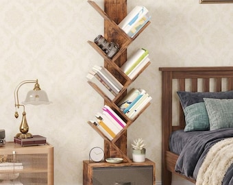 Tree-Shaped Bookshelf with Drawer – Rustic Brown Storage Organizer