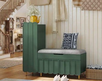 L-Shaped Entryway Shoe Cabinet Bench with Cushioned Seat, Adjustable Shelves