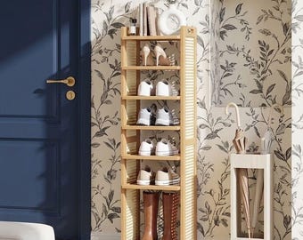 8-Tier Vertical Bamboo Shoe Rack with Ventilated Mesh – Space-Saving Shoe Storage Organizer with Top Handle for Apartment,Mudroom & Entryway