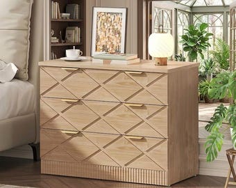 Modern 3-Drawer Nightstand, Diamond Pattern, Gold Handles, Wavy Base Cabinet