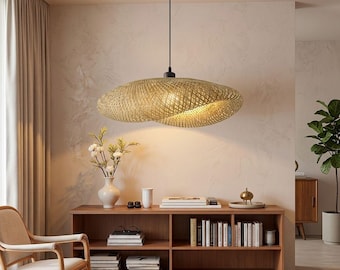 Bohemian Rattan Pendant Light – Handwoven Basket Chandelier, Natural Ceiling Lighting (16W)