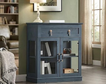 Modern Wood & Metal Sideboard Buffet Cabinet with Double Glass Doors with Built-In Drawer – Stylish Storage