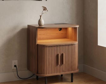 Modern Night Table with Charging Hub and LED Lamp – Wooden Side Storage