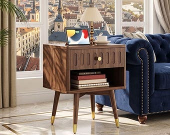 Modern Wooden Nightstand with Drawer, Charging Station, Metal Frame Bedside Table