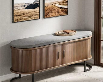 Entryway Shoe Storage Bench with Cushion, Sliding Door Cabinet, Modern Metal Legs