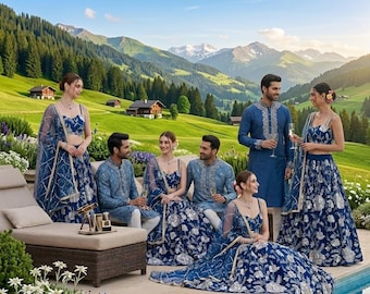 May include: A group of people wearing matching navy blue and silver embroidered traditional outfits. The clothing features intricate floral patterns, sleeveless tops, and long skirts or tunics. They are posed outdoors near a pool and mountains.