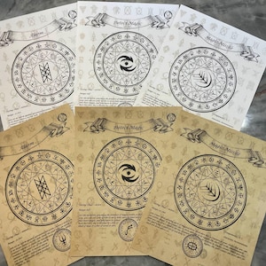 Puede incluir: Una colección de impresiones en papel con temática de fantasía. Cada impresión presenta un diseño circular central con símbolos y texto, incluyendo las palabras "Alarm", "Detect Magic" y "Magic Missile". Las impresiones son en tonos beige y blanco.