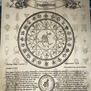 May include: A parchment-style page with the word "Suggestion" on a banner. The page features a central circular design with symbols and text, including spell details like range and duration, and a small circular emblem.