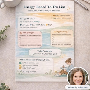 May include: An "Energy-Based To-Do List" with text, designed to match tasks to energy levels. Features sections for energy check-in, low and high energy tasks, and a section for adapting to energy changes. Includes a drawing of a person and the text "Created by a therapist."