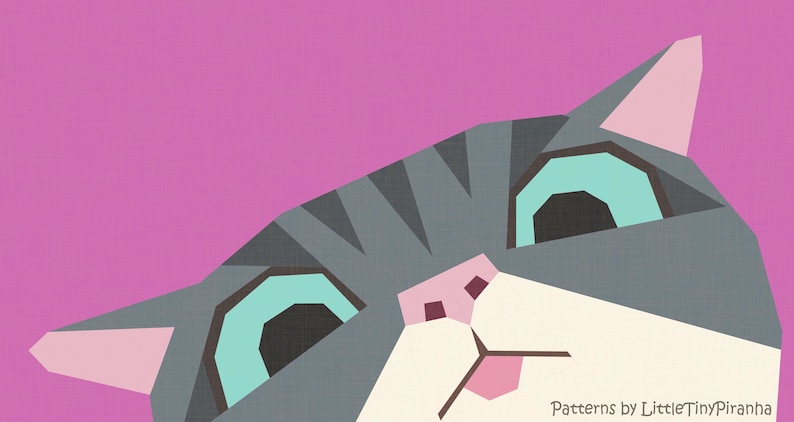 May include: A geometric graphic illustration of a cat head against a solid pink background. The cat features gray and white fur, large teal eyes, and a pink nose. The text "Patterns by LittleTinyPiranha" is printed in the bottom right corner.