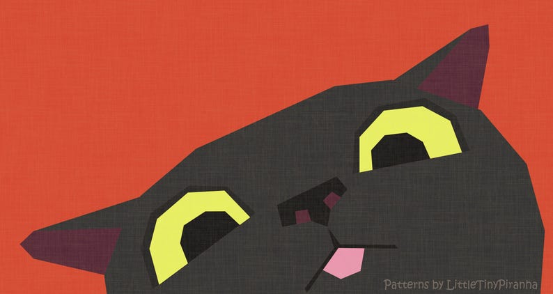 May include: A graphic illustration of a dark gray cat head with large yellow eyes, a small pink tongue, and dark purple inner ears set against a solid orange background. The text "Patterns by LittleTinyPiranha" is visible in the bottom right corner.
