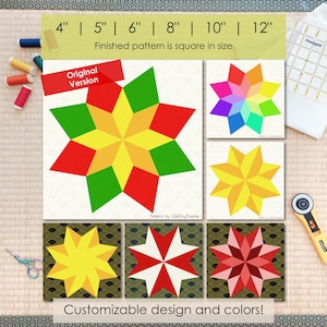 Diamond Flower (Original) Quilt Block FPP Pattern: Multiple Sizes (PDF Download, Letter/A4 Compatible)