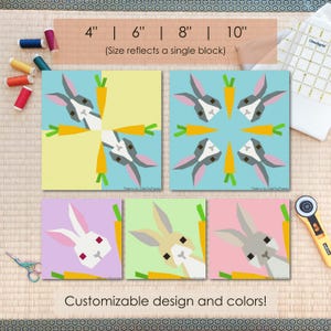 May include: A collection of colorful fabric blocks featuring geometric bunny and carrot designs. The blocks are available in 4", 6", 8", and 10" sizes. The image includes spools of thread, scissors, and a rotary cutter, suggesting a quilting or sewing project.