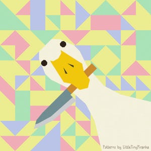 May include: A quirky illustration of a white goose with a knife, set against a geometric pattern in pastel shades. The goose has a yellow beak and black eyes. The knife is grey with a brown handle. The background features triangles and squares.