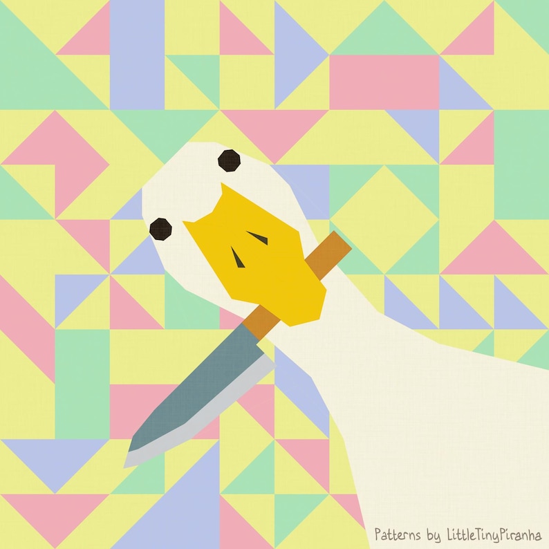 May include: A quirky illustration of a white goose with a knife, set against a geometric pattern in pastel shades. The goose has a yellow beak and black eyes. The knife is grey with a brown handle. The background features triangles and squares.