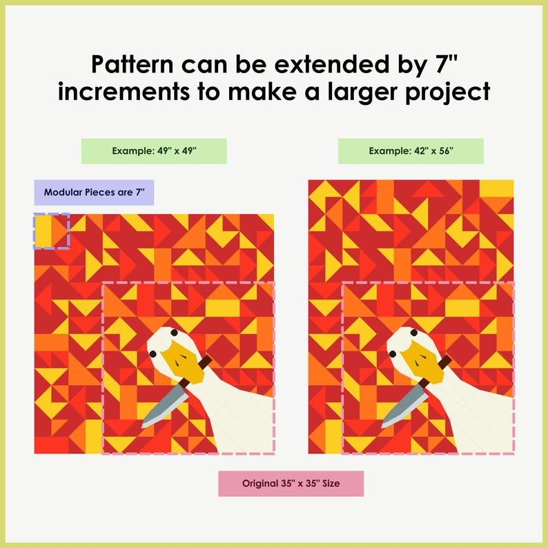 May include: A geometric pattern featuring a goose with a knife, with text indicating the pattern can be extended. The original size is 89 x 89 cm, with examples of 124 x 124 cm and 107 x 142 cm. The modular pieces are 18 cm.