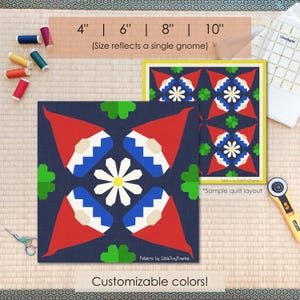 May include: Quilt squares with a gnome and flower design in red, white, blue, and green. Sizes range from 10 cm to 25 cm. The text reads "Customizable colors!" and "Sample quilt layout."