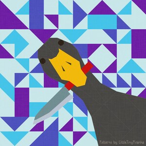 May include: A geometric illustration of a goose holding a knife, set against a background of blue, purple, and white triangles. The goose has a yellow beak, black eyes, and a red band around its neck. The image is a digital art piece.