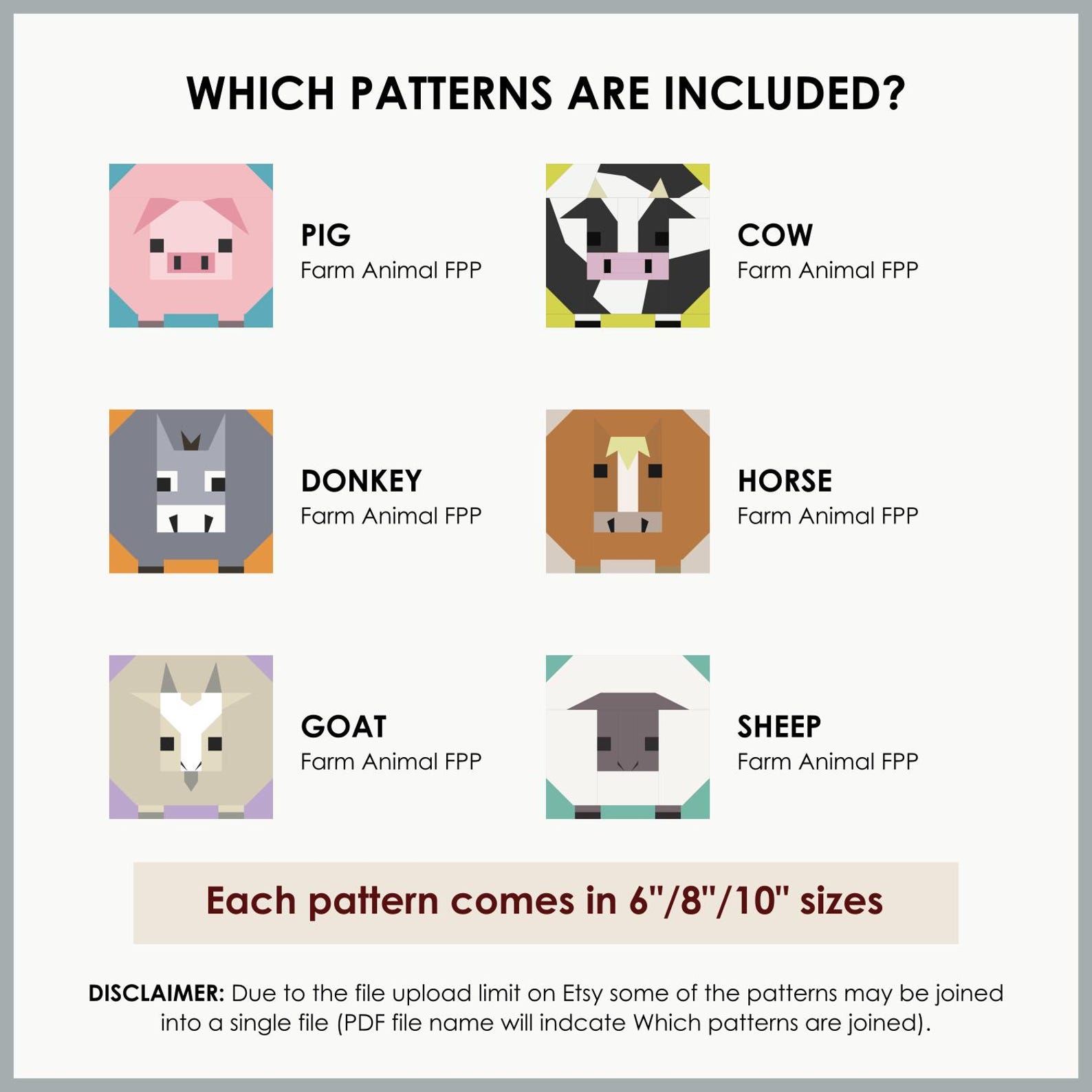 6 Pattern Bundle (20% Off!), Farm Animals - Quilt Block FPP Patterns ...
