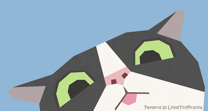 May include: A graphic illustration of a cat face with dark gray and white fur, large light green eyes, and a pink nose against a light blue background. The text "Patterns by LittleTinyPiranha" is printed in the bottom right corner of the image.