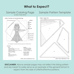 May include: A light teal image with the text "What to Expect?" and two sample pages. One page is a coloring page with a diagram and legend. The other page is a pattern template with geometric shapes. The disclaimer text is at the bottom.