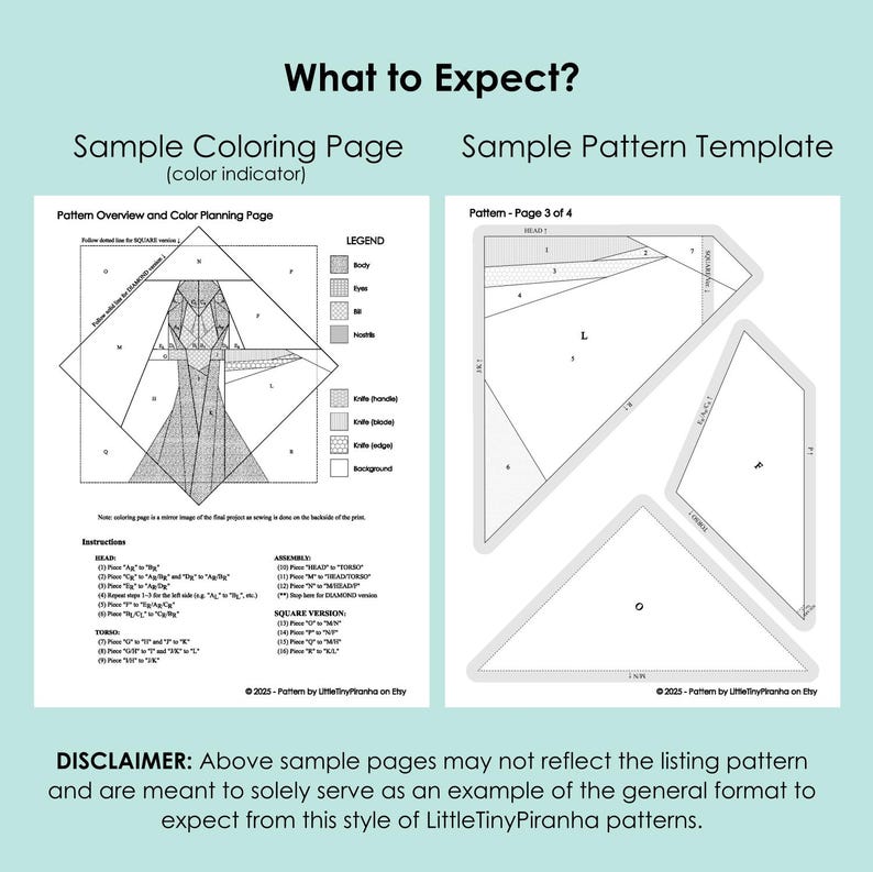 May include: A light teal image with the text "What to Expect?" and two sample pages. One page is a coloring page with a diagram and legend. The other page is a pattern template with geometric shapes. The disclaimer text is at the bottom.